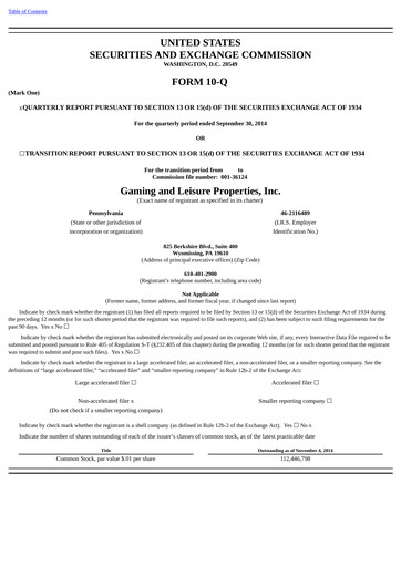 Thumbnail Gaming and Leisure Properties
 Quarterly Report 2014-q3