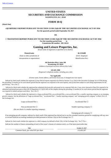 Thumbnail Gaming and Leisure Properties
 Quarterly Report 2017-q3