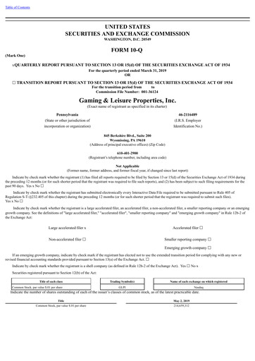 Thumbnail Gaming and Leisure Properties
 Quarterly Report 2019-q1