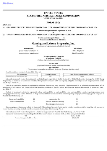 Thumbnail Gaming and Leisure Properties
 Quarterly Report 2020-q3