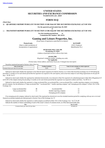 Thumbnail Gaming and Leisure Properties
 Quarterly Report 2025-q2