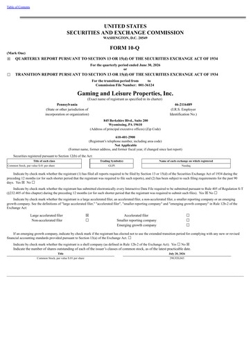 Thumbnail Gaming and Leisure Properties
 Quarterly Report 2026-q2