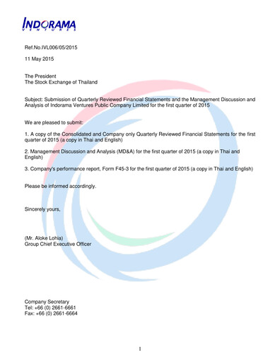 Thumbnail Indorama Ventures
 Quarterly Report 2015-q1