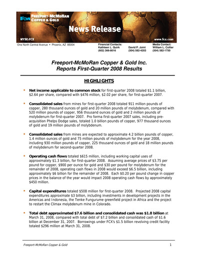 Vorschaubild Freeport-McMoRan Quartalsbericht 2008-q1