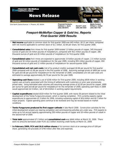 Vorschaubild Freeport-McMoRan Quartalsbericht 2009-q1