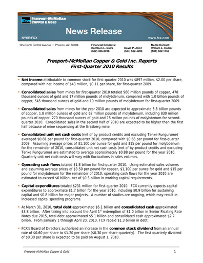 Vorschaubild Freeport-McMoRan Quartalsbericht 2010-q1