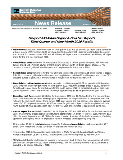 Vorschaubild Freeport-McMoRan Quartalsbericht 2010-q3