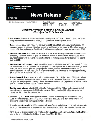 Vorschaubild Freeport-McMoRan Quartalsbericht 2011-q1