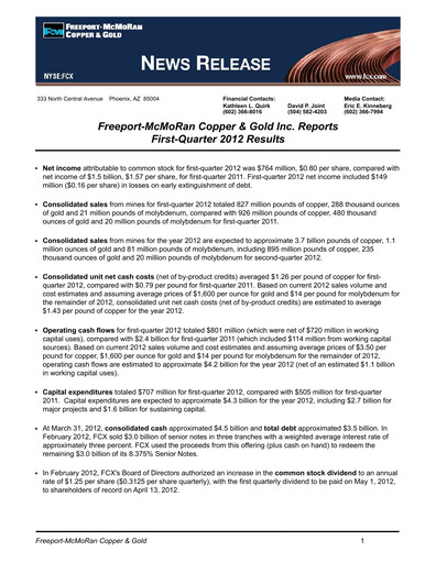 Vorschaubild Freeport-McMoRan Quartalsbericht 2012-q1