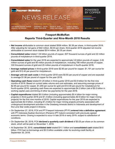 Vorschaubild Freeport-McMoRan Quartalsbericht 2018-q3