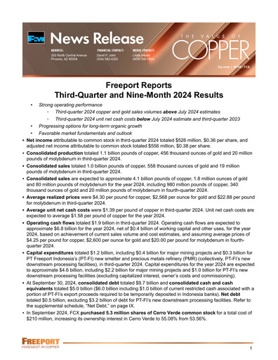 Vorschaubild Freeport-McMoRan Quartalsbericht 2024-q3