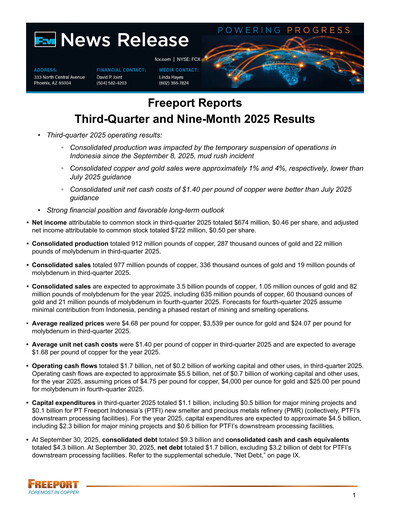 Thumbnail Freeport-McMoRan Quarterly Report 2025-q3