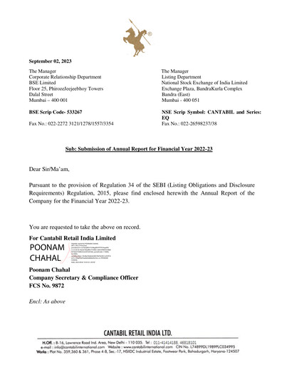 Thumbnail Cantabil Retail India
 Annual Report 2022-2023