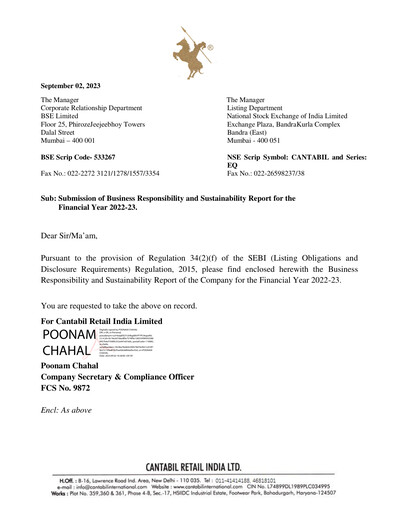 Thumbnail Cantabil Retail India
 ESG Report 2022-2023