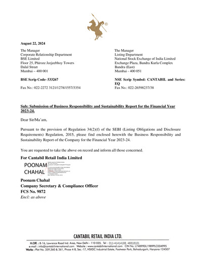 Thumbnail Cantabil Retail India
 ESG Report 2023-2024