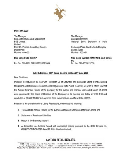 Vorschaubild Cantabil Retail India
 Finanzmitteilung 2019-2020