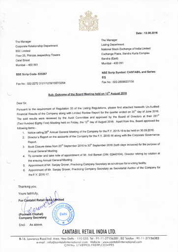 Thumbnail Cantabil Retail India
 Quarterly Report 2016-q1