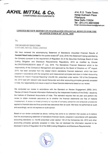 Thumbnail Cantabil Retail India
 Quarterly Report 2018-q1
