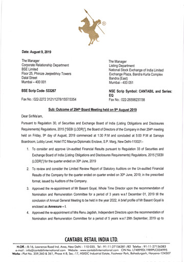 Thumbnail Cantabil Retail India
 Quarterly Report 2019-q1