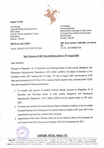 Thumbnail Cantabil Retail India
 Quarterly Report 2021-q1