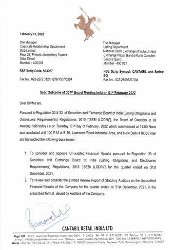 Thumbnail Cantabil Retail India
 Quarterly Report 2021-q3