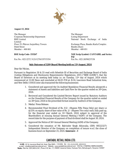 Thumbnail Cantabil Retail India
 Quarterly Report 2024-q1