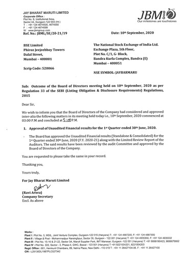 Thumbnail Jay Bharat Maruti Quarterly Report 2020-q1