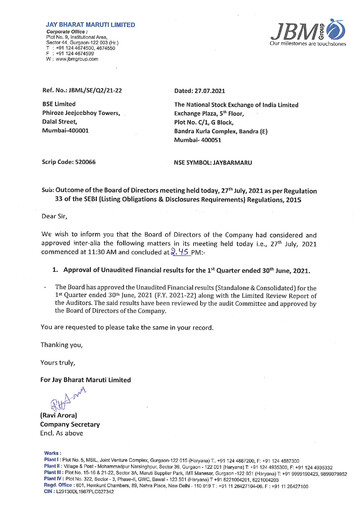 Thumbnail Jay Bharat Maruti Quarterly Report 2021-q1