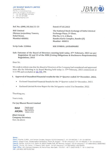 Thumbnail Jay Bharat Maruti Quarterly Report 2022-q3