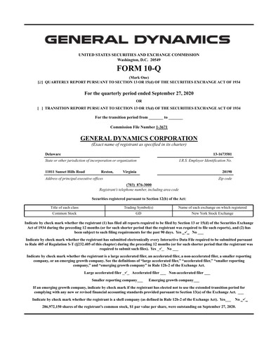 Thumbnail General Dynamics Quarterly Report 2020-q3