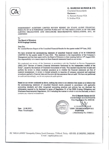 Miniature MM Forgings Rapport trimestriel 2022-q1