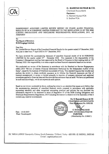 Miniature MM Forgings Rapport trimestriel 2022-q3