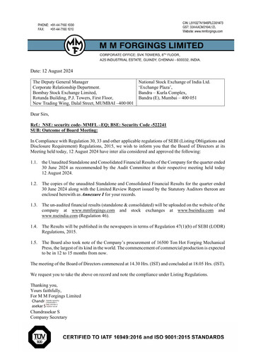 Miniature MM Forgings Rapport trimestriel 2024-q1