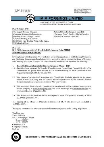 Miniature MM Forgings Rapport trimestriel 2025-q1