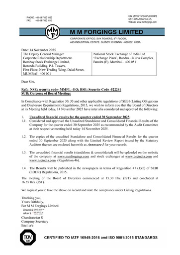 Miniature MM Forgings Rapport trimestriel 2025-q2