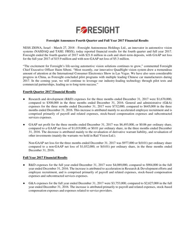 Thumbnail Foresight Autonomous Holdings Financial Report 2017