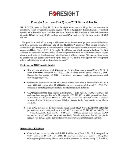 Thumbnail Foresight Autonomous Holdings Financial Report 2019-q1
