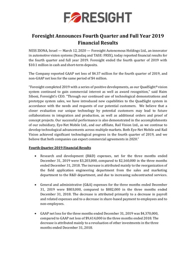 Thumbnail Foresight Autonomous Holdings Financial Report 2019