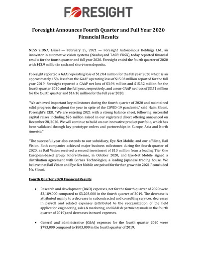 Thumbnail Foresight Autonomous Holdings Financial Report 2020