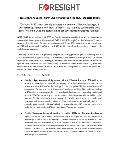 Thumbnail Foresight Autonomous Holdings Financial Report 2022
