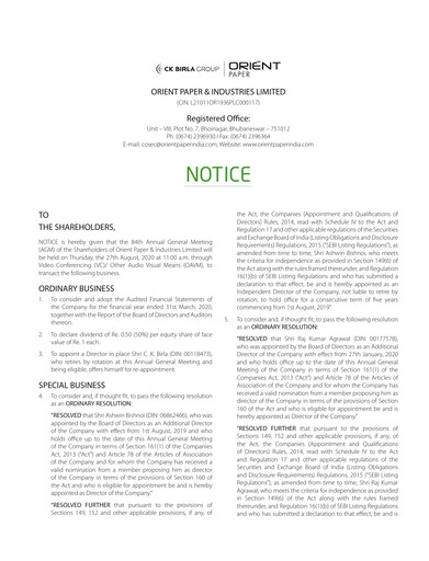 Thumbnail Orient Paper Mills
 Annual Report 2019-2020