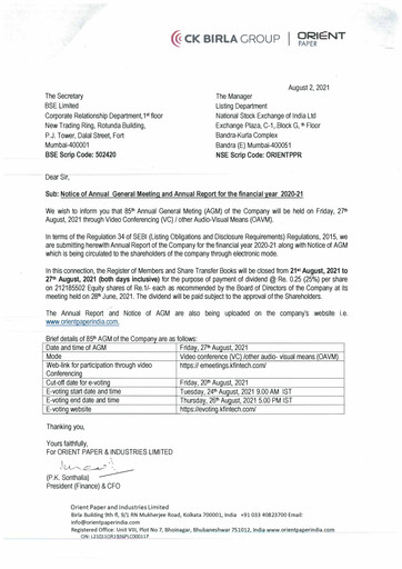 Thumbnail Orient Paper Mills
 Annual Report 2020-2021