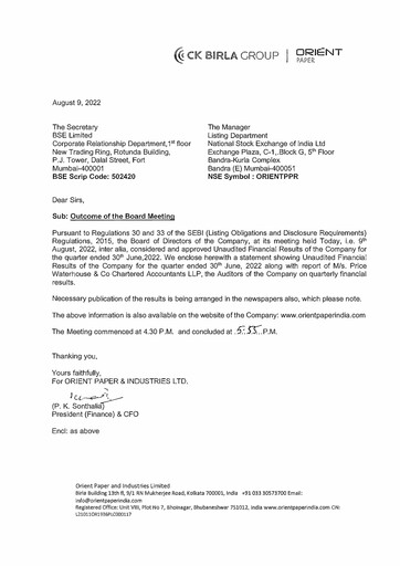 Miniature Orient Paper Mills
 Rapport trimestriel 2022-q1