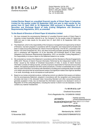 Thumbnail Orient Paper Mills
 Quarterly Report 2025-q2