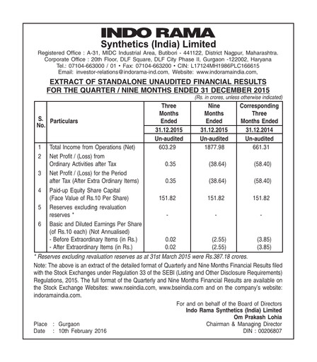 Miniature Indorama Synthetics Rapport trimestriel 2015-q4