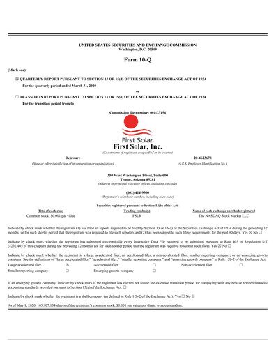 Thumbnail First Solar
 Quarterly Report 2020-q1