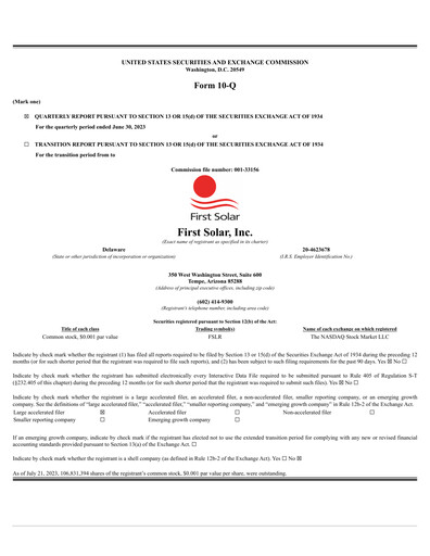 Thumbnail First Solar
 Quarterly Report 2023-q2