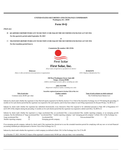 Thumbnail First Solar
 Quarterly Report 2023-q3