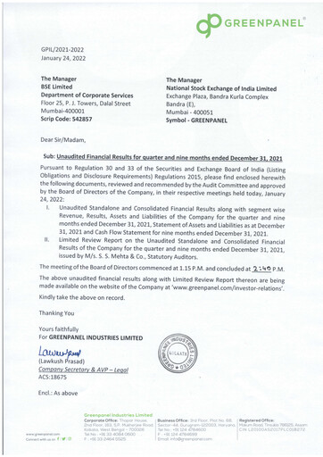 Thumbnail Greenpanel Industries
 Quarterly Report 2021-q4