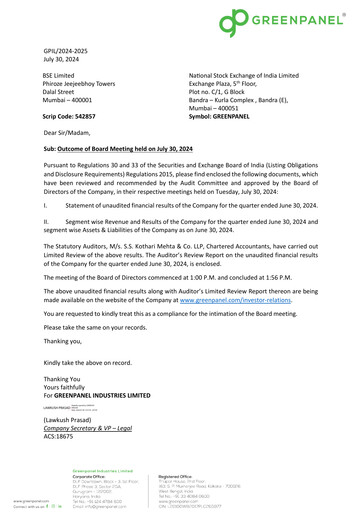 Thumbnail Greenpanel Industries
 Quarterly Report 2024-q2